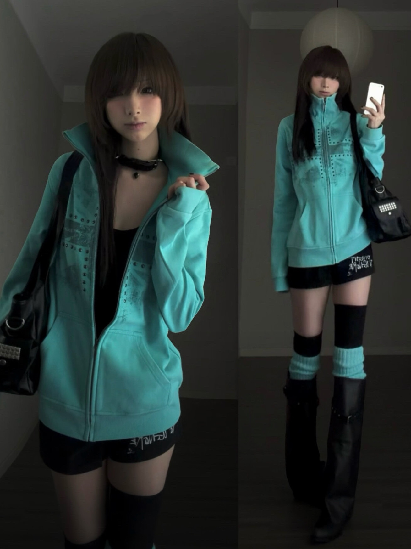 Vintage Windbreaker Nylon - Mint Green Printed Rhinestone Hoodie Women's