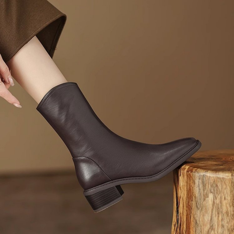 Vintage Fashion Dresses - Women Square Toe Leather Ankle Boots