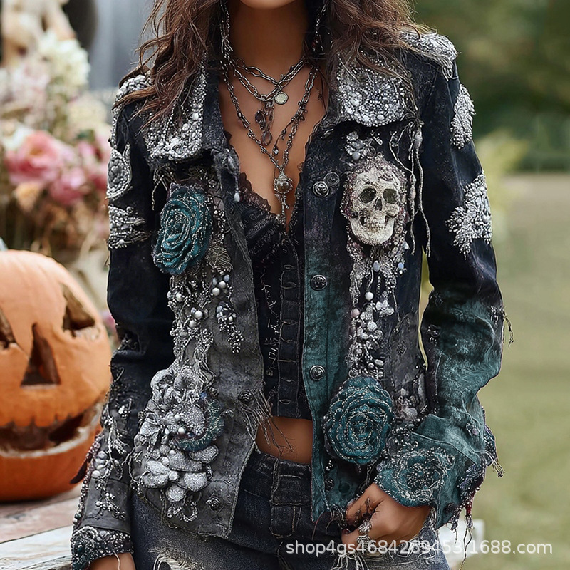 Gothic Punk Skull Rose Embroid - Vintage Fashion Stores review and price